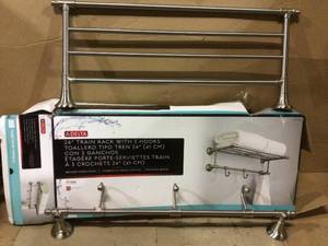 lot 52 image: 24 in. W Towel Shelf with 3-Towel Hooks in Brushed Nickel by Delta &nbspCustomer Returns See Pictures