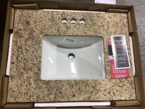 lot 61 image: 25 in. W x 19 in. D Granite Vanity Top in Giallo Ornamental with White Single Trough Sink &nbspCustomer Returns See Pictures