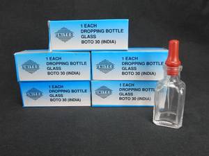 lot 176 image: Set of 5 United 30 ML Glass Lubin Dropping Bottles With Pipette Stoppers