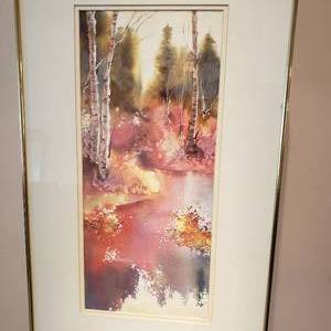 lot 53 image: Sunset in the Birchwood Watercolor Signed Helenmary Kasper