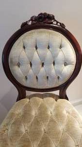 lot 43 image: Antique Ivory Velvet Balloon Back Chairs, set of 2
