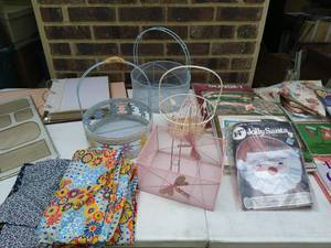 lot 174 image: Collection of fabric sewing kits and wire baskets