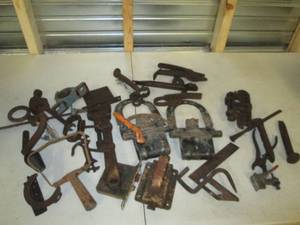 box of vintage pullys , tools,locks...