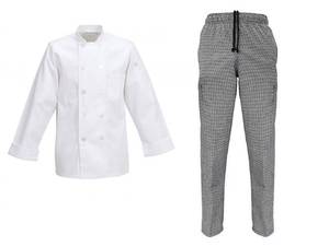 5 ChefWorks White Le Mans Chef Coat (3) Small (2) Medium & 2 Chefs Choice Houndstooth Pants Medium & Large