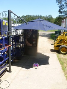 12 cantilever blue patio umbrella. Has plug in for lighting. As shown.