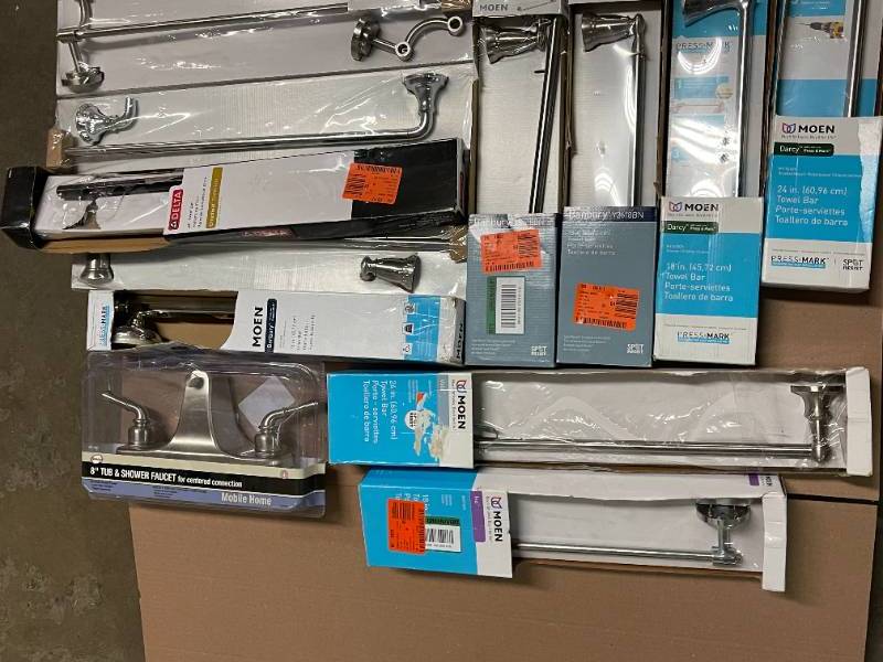 Lot of Moen, Delta Towel Bars, and other bathroom decor