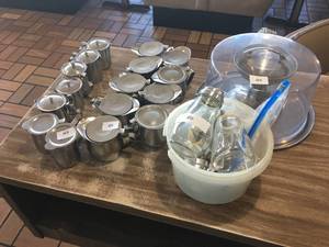 lot 40 image: Stainless Steel Pitchers, Cream Pitchers, Glass Syrup Pitchers & Stainless Cake Display