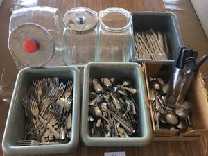 lot 63 image: Large Lot of Stainless Silverware and Glass Storage Jars-Knives, Spoons, Forks, Containers