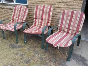 3 Metal Lawn Chairs, Wood Reinforce...