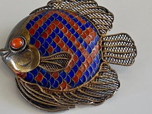 Wonderful Enamel and Filigree Fish Figure Brooch