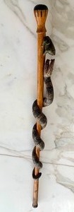 Folk Art Carved Cane with Snake and Frog Figurines