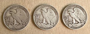 Three Walking Liberty Half Dollar Coins (2) 1945 and (1) 1947