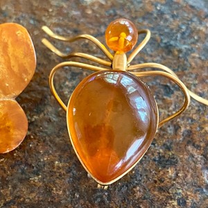 Two Amber Pins Brooches Spider and Butterfly