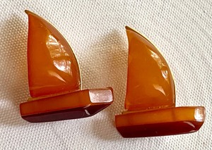 Pair of Sailboat Figurine Amber Brooches