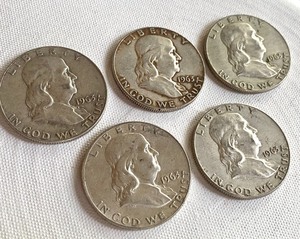 Five 1962 Ben Franklin Half Dollar Coins