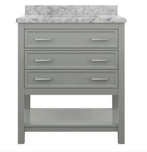 lot 6 image: Everett 31 in. x 22 in. Vanity Cabinet in Grey with Carrara Marble Vanity Top in White with White Basin