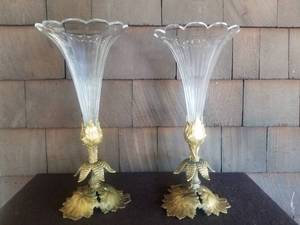 Beautiful Antique Ground Crystal Floral Vases with Gilded Bases