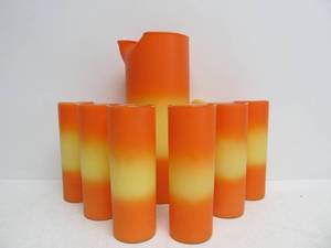 lot 13 image: Very Cool Retro Vintage Orange & Yellow BLENDO Glass LemonadeIced Tea Pitcher & Glass Set