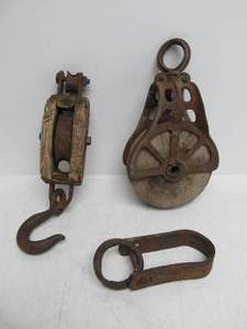 lot 142 image: 2 Antique Wooden Industrial Pulleys