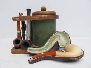 lot 155 image: Nice Lot of Vintage Smoking Pipes & Pipe Stand - Including Meerschaum 