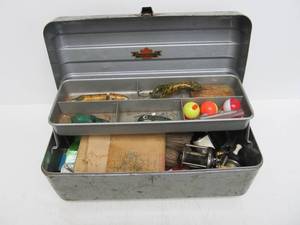 lot 157 image: Nice Vintage Small Tackle Box wOld Fishing Tackle Reels etc