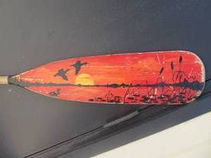 lot 163 image: Very Cool Vintage Folk Art Hand Painted Wooden Canoe Paddle