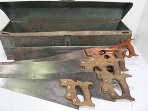 lot 170 image: Large Vintage Steel Toolbox wVintage & Antique Hand Saws