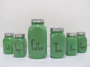 lot 227 image: Excellent Set of Vintage Green Glass 1940s Era Kitchen Canisters & Shakers