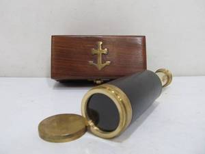 lot 244 image: Brass & Leather Nautical Spyglass wWood Case