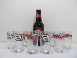 lot 251 image: Se of 8 Dale Earnhardt Jr Budweiser Beer Glasses & Large Display Bottle.