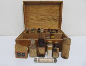 lot 307 image: Antique Wooden Pharmacy Kit wBottles & Supplies