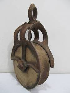 lot 330 image: Cast Iron & Wood Industrial Pulley