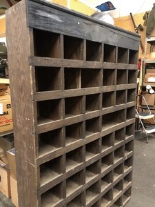 lot 3 image: Old Primitive Vintage Industrial Wooden Parts Bin Cabinet.