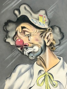 lot 369 image: Framed Signed Vintage Crying Clown Painting