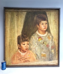 lot 371 image: Large Signed Vintage MN Artist Donna Cybyske Oil on Canvas Painting- Brothers