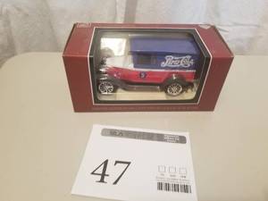 lot 47 image: 1928 Chevrolet National AB Delivery Truck Die-cast Metal Coin Bank (in original packaging)