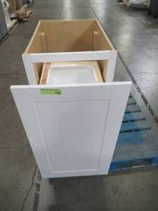 Hampton Bay Shaker Assembled 18x34.5x24 in. Pull Out Trash Can Base Kitchen Cabinet in Satin White KBW18-SSW
