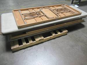 WHOLESALE PALLET OF MISCELLANEOUS WOOD AND PLASTIC FOLDING TABLES
