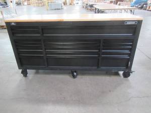 Husky 72 in. 18-Drawer Mobile Workbench with Adjustable-Height Solid Wood Top in Matte Black, HOLC7218BB1MYS - NEW  (slight ding on Top) LOW RESERVE OF $750.00