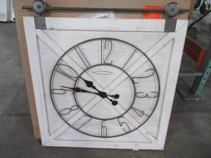 Firstime & Co. 29 in. x 27 in. Farmstead Barn Door Clock - Hands are slightly bent.