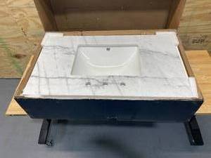 lot 59 image: HOME DECORATORS COLLECTION 37 in. W Marble Single Sink Vanity Top in Arabescato Venato with White Sink