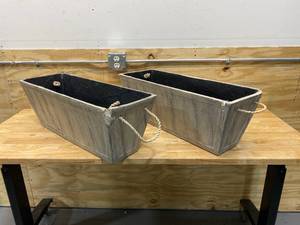 lot 78 image: Lot of 2- 28 in. L x 10 in. W Weathered Gray Composite Rectangular Faux Wood Planters with Rope Handles