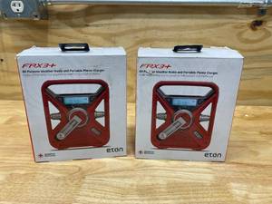 lot 97 image: ETON Lot of 2-  American Red Cross AMFM NOAA Weather Radio with Hand Turbine, Solar and USB Smartphone Charging plus LED Flashlight