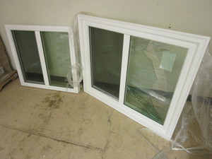 lot 201 image: LINDSAY SLIDER WINDOWS W DAMAGED GLASS, 36 x 34, 44 x 36