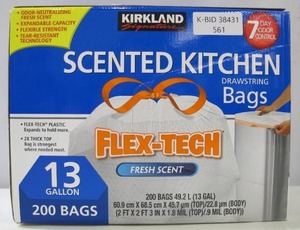 lot 561 image: Kirkland Signature 13 Gallon Kitchen Drawstring Trash Bags - 200 Count