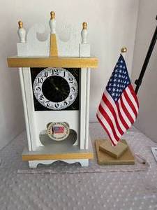 lot 19 image: Westy Chime Clock and Desktop Flag - Assembled by Local Veteran through Help Heal Veterans