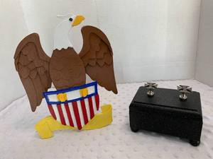 lot 34 image: Music Box (Plays America the Beautiful) and Wooden American Eagle - Assembled by Local Veteran through Help Heal Veterans