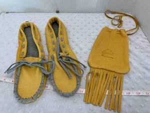 lot 50 image: Moccasins Size 10 and Large Drawstring Pouch - Assembled by Local Veteran through Help Heal Veterans