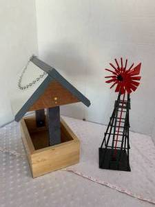 lot 57 image: Wooden Birdfeeder and Water Pump Windmill - Assembled by Local Veteran through Help Heal Veterans