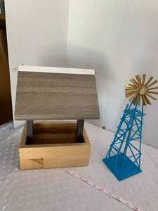 lot 58 image: Wooden Birdfeeder and Water Pump Windmill - Assembled by Local Veteran through Help Heal Veterans